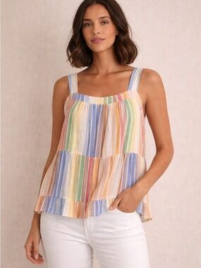 Rainbow Cotton Gauzy Tank Top Festival Boho Summer Tiered Ruffle Pockets Large